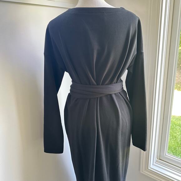 Modern Citizen Audrey Black Terry Midi Dress Small Tie Waist Long Sleeve Minimal - Picture 10 of 12